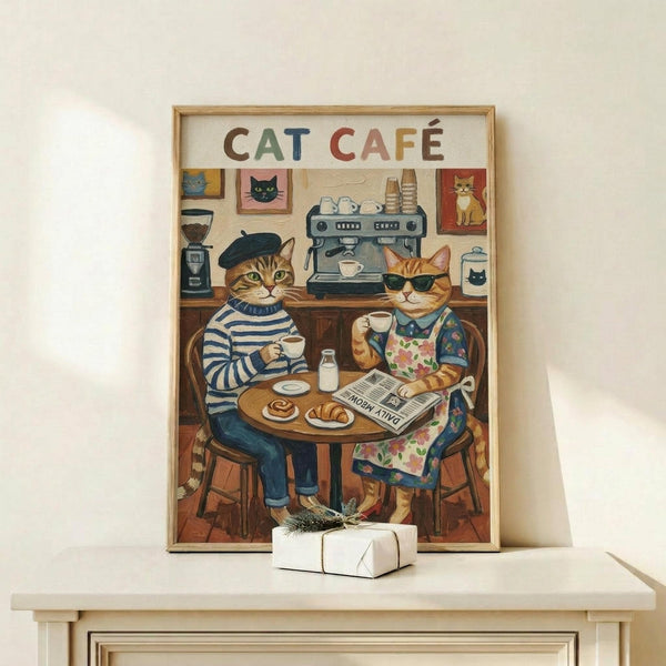 May include: Framed poster artwork showing two anthropomorphic cats sitting at a cafe table, one wearing a striped shirt and beret, the other in floral apron and sunglasses. Coffee machine and cat portraits visible in background. Natural wood frame displayed on light wooden shelf with small wrapped gift box. Warm, cozy illustration style with rich browns, blues, and cream tones.