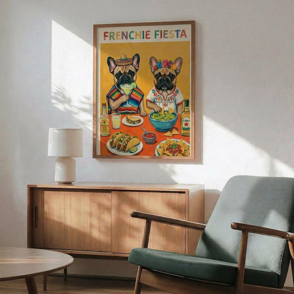 May include: Colorful poster showing two French bulldogs in Mexican attire enjoying a fiesta feast with tacos, guacamole, and drinks on orange background, displayed in wooden frame above mid-century modern credenza with white ceramic lamp and teal upholstered armchair in sunlit room with white walls.