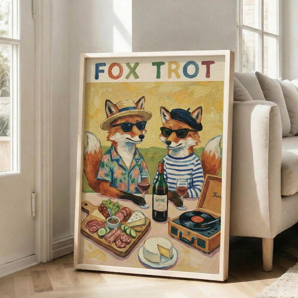 May include: Framed poster featuring two anthropomorphic foxes wearing sunglasses and casual attire, sharing wine and charcuterie with a vintage record player nearby. Colorful letters spell "FOX TROT" at top. Warm yellow background with painted art style. White frame leaning against beige wall next to light gray couch in bright living room with large windows.