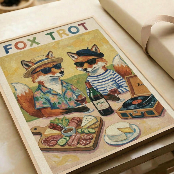 Two anthropomorphic foxes wearing sunglasses and casual clothing sit together enjoying wine and food. One fox wears a straw hat and floral shirt, the other a beret and striped shirt. A charcuterie board with meats and cheese, wine bottle, record player, and plates are arranged around them. The colorful illustration has a warm yellow background with "FOX TROT" text at the top in rainbow letters. The artwork is displayed in a light wooden frame on white paper.
