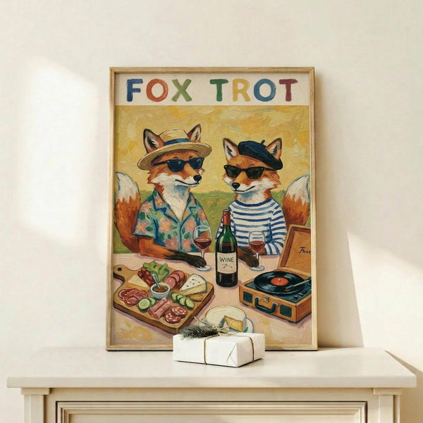 May include: Framed poster print displayed on white wooden shelf showing two anthropomorphic foxes wearing sunglasses and hats sharing wine and charcuterie. One fox wears a tropical shirt and sun hat, the other a striped shirt and beret. The artwork features "FOX TROT" text in colorful letters, warm yellow background, vintage record player, wine bottle and glasses. Small white wrapped gift sits on shelf below the light wood frame.