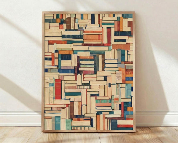 May include: Framed art print leaning against white wall on wooden floor, featuring densely packed colorful book spines arranged in mosaic pattern. Books shown in various sizes with vintage colors including deep blues, warm oranges, reds, creams, and greens. Natural wood frame surrounds the artwork. Soft natural lighting creates gentle shadows on textured white wall.