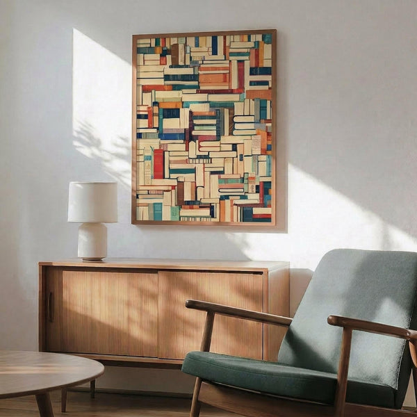 May include: A framed vintage-style poster featuring a colorful mosaic pattern of stacked books in various sizes and colors including blues, reds, oranges, and creams. The artwork hangs above a mid-century modern wooden credenza with sliding doors and warm wood grain. A minimalist white ceramic table lamp sits on the credenza next to a sage green upholstered armchair with wooden arms. Natural sunlight creates geometric shadows on the white wall, and a round wooden coffee table is partially visib
