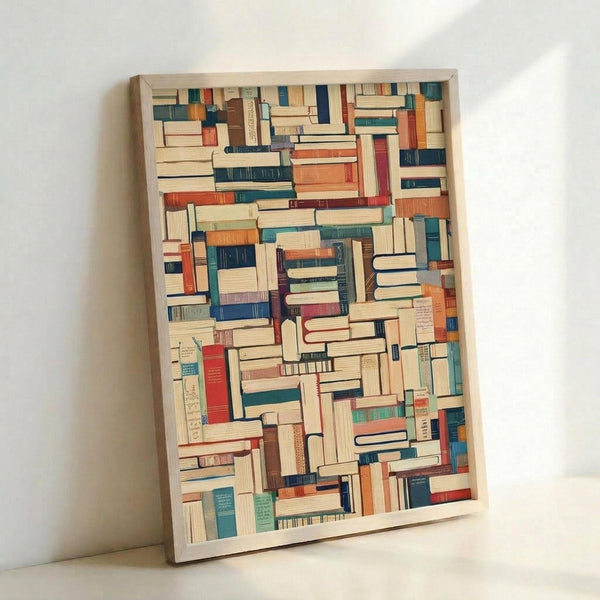 A framed art print featuring densely packed book spines arranged in a mosaic pattern, displayed in various colors including navy blue, rust orange, teal, cream, burgundy, and forest green. The books appear stacked both horizontally and vertically creating a textured, layered library aesthetic. The artwork is housed in a natural wood frame and leans against a white wall, casting a soft shadow.