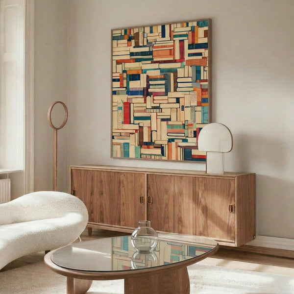 May include: Colorful vintage book spine mosaic artwork displayed above a mid-century walnut credenza in a modern living room. The poster features hundreds of stacked book spines in blues, oranges, reds, and cream tones arranged in a geometric pattern. White curved lounge chair, glass-top coffee table, and minimalist table lamp complete the styled room scene with warm natural lighting.