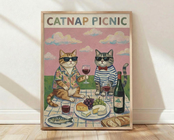 May include: Framed poster print leaning against white wall on light wood floor. Artwork shows two cats wearing sunglasses at picnic on checkered blanket - orange tabby in floral shirt holding wine glass, gray tabby in striped shirt with red bow tie. Pink sky with fluffy clouds above green grass. Picnic spread includes wine bottle, cheese, grapes, fish, and bread. Colorful vintage-style illustration in natural wood frame.