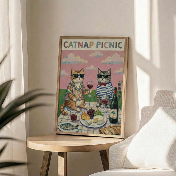 May include: Framed poster print on wooden side table next to beige upholstered chair and leafy plant. Artwork shows two cats wearing sunglasses at outdoor picnic - orange tabby in floral shirt holding wine glass, gray striped cat in blue striped shirt. Picnic spread includes wine bottle, cheese, grapes, fish, and bread on checkered blanket. Pink sky with fluffy clouds background. Colorful "CATNAP PICNIC" text at top. Natural lighting creates soft shadows in neutral-toned room setting.