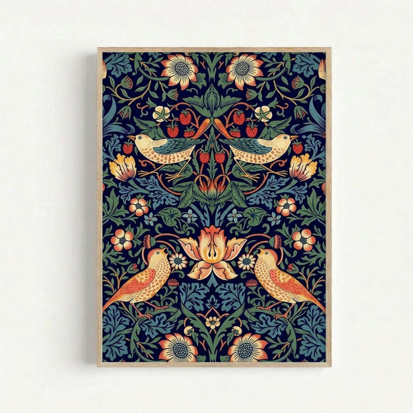 Ornate decorative pattern on dark navy background featuring symmetrical pairs of cream and coral-colored birds with detailed feathers, surrounded by intertwining vines, strawberry motifs, and stylized flowers in orange, green and blue. The vintage Arts and Crafts style design is displayed in a light wooden frame against a white wall.