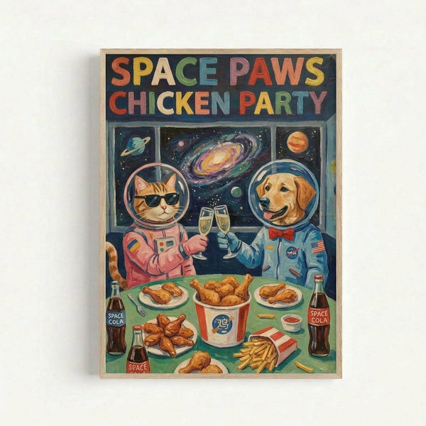 Colorful illustrated poster featuring a cat and dog astronaut in space suits toasting with champagne glasses while floating in a spacecraft. The scene shows planets and galaxies through windows, with a feast of fried chicken, french fries, and bottles labeled "Space Cola" spread on a table. The animals wear detailed space helmets and suits - the cat in pink with sunglasses, the dog in blue with NASA patches. Vibrant retro-style artwork with rich blues, oranges, and cosmic details in a light wood