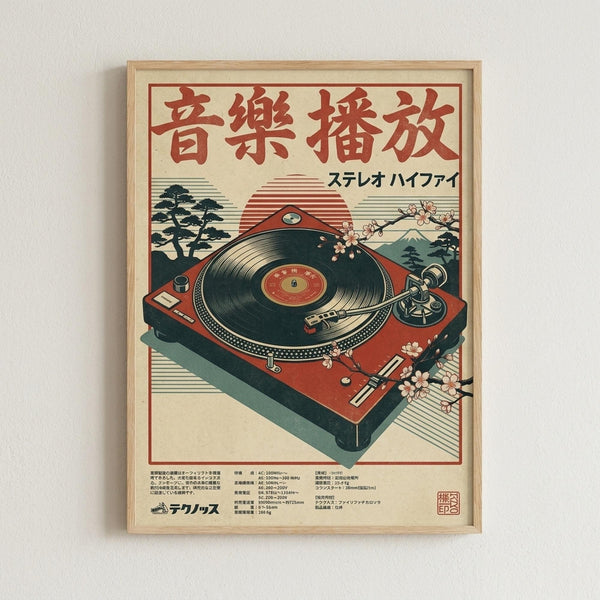 Framed vintage-style poster featuring a red turntable with black vinyl record against a stylized Japanese landscape with Mount Fuji, cherry blossoms, and traditional trees. Japanese characters appear at the top in red text, with "ステレオハイファイ" (Stereo Hi-Fi) below. The artwork uses a retro color palette of reds, creams, and dark greens with technical specifications visible at the bottom. Light wood frame mounted on white wall.