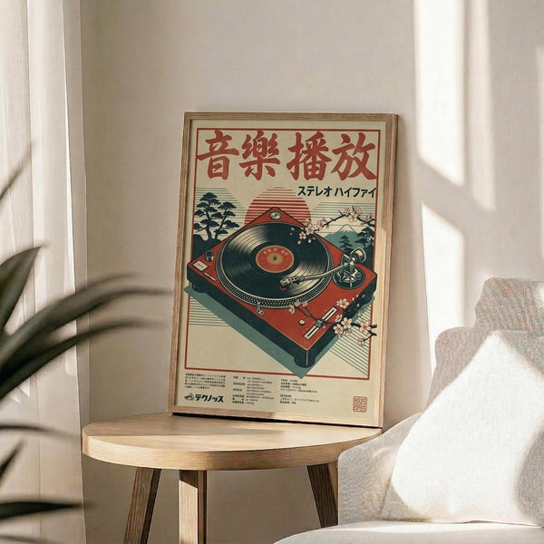 May include: Framed vintage-style Japanese poster featuring a red turntable with vinyl record, surrounded by cherry blossoms and pine trees in retro illustration style. Poster displayed on round wooden side table next to beige upholstered chair with white throw pillow. Soft natural lighting creates shadows on cream wall. Plant leaves visible in corner.