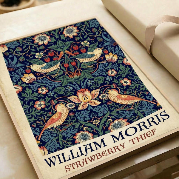 May include: Vintage William Morris decorative art print displayed in cream matted frame on white surface with ribbon nearby. Features intricate pattern of stylized birds, strawberries, flowers and foliage in rich blues, greens, coral and cream colors. Traditional Arts and Crafts movement botanical design with ornate flowing vines and detailed bird motifs against dark navy background.