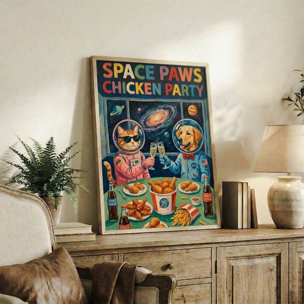 May include: Framed poster featuring a cartoon cat in pink spacesuit and golden retriever in blue spacesuit sharing fried chicken and drinks in space, displayed on rustic wooden console table with books, ceramic vases, fern plant, and beige sofa in modern living room setting