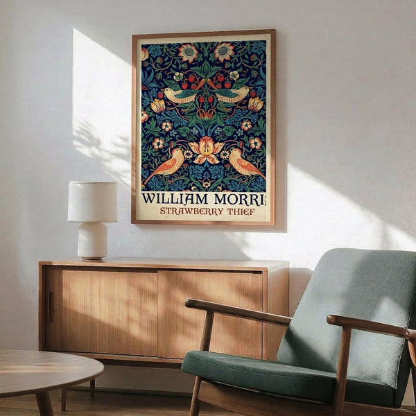 May include: Framed William Morris Strawberry Thief poster displayed above a wooden credenza in a mid-century modern living room. The vintage-style print features symmetrical birds, strawberries, and floral patterns in rich blues, greens, and coral tones against a dark background. A sage green upholstered chair with wooden arms sits beside the credenza, along with a small white table lamp and round coffee table.