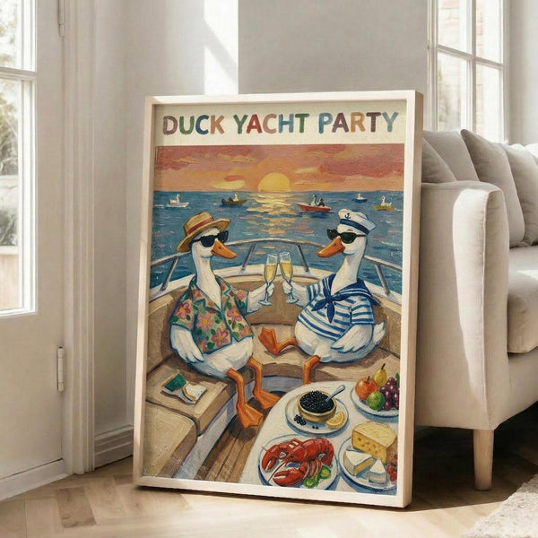 May include: Framed poster leaning against white wall next to beige sofa showing two cartoon ducks in sunglasses on a yacht deck at sunset. One duck wears a straw hat and floral shirt, the other a sailor cap and striped shirt. They're toasting with champagne glasses surrounded by gourmet food including lobster, caviar, cheese and fruit. Orange sunset sky reflects on blue water with boats in background.
