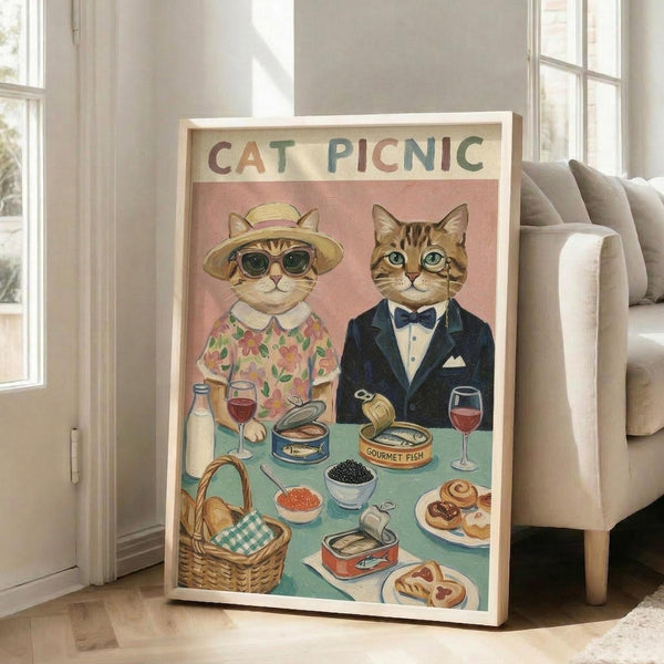 May include: Large framed poster leaning against white wall next to beige sofa in bright living room. Artwork shows two anthropomorphic cats at picnic table - one wearing floral dress and sun hat, other in navy suit with bow tie. Table displays wine glasses, caviar, gourmet fish cans, pastries, and picnic basket. Pink and mint green background with colorful letter text at top. Light wood frame, vintage illustration style.