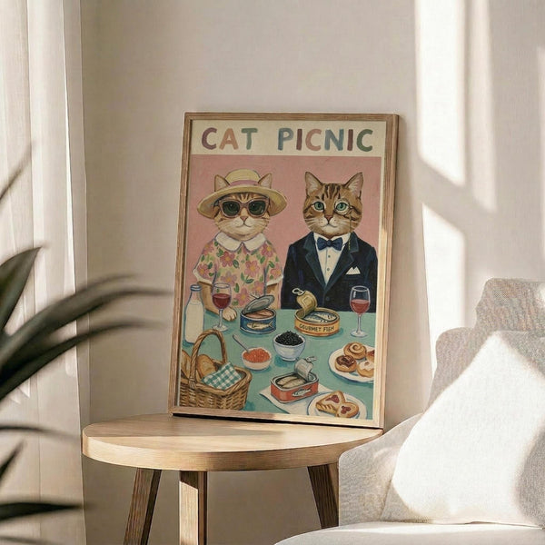 May include: Framed poster showing two anthropomorphic cats at a picnic table with gourmet food including caviar, fish, wine glasses, and pastries. One cat wears sunglasses and floral shirt, the other a navy suit with bow tie. Pink and teal background with "CAT PICNIC" text at top. Wooden frame displayed on round wooden side table next to beige upholstered chair with plant shadows on white wall.