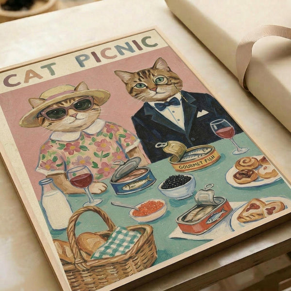 May include: Vintage-style poster print on cream paper showing two anthropomorphic cats at a picnic table - one wearing a floral dress and sun hat with sunglasses, the other in a navy tuxedo with bow tie. The table displays gourmet foods including caviar, wine glasses, pastries, canned fish, and a wicker basket. The illustration features soft pastel colors with pink and mint green backgrounds in a whimsical retro art style.