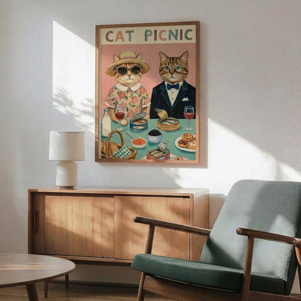 May include: Vintage-style poster print featuring two anthropomorphic cats at a picnic table - one wearing a floral shirt and sun hat, the other in a navy suit with bow tie. The illustrated poster shows colorful food items including caviar, wine glasses, and pastries on a checkered tablecloth. Displayed above a mid-century modern wooden credenza with sliding doors, next to a gray upholstered armchair and white ceramic table lamp in a minimalist living room setting.