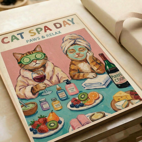 May include: Vintage-style poster print on white paper showing two orange tabby cats enjoying spa treatments. One cat wears cucumber eye mask and holds wine glass, the other has towel headwrap and green face mask. Colorful illustration includes spa bottles, fruit platter, cheese, and book on turquoise table. Warm pink background with "CAT SPA DAY PAWS & RELAX" text at top.