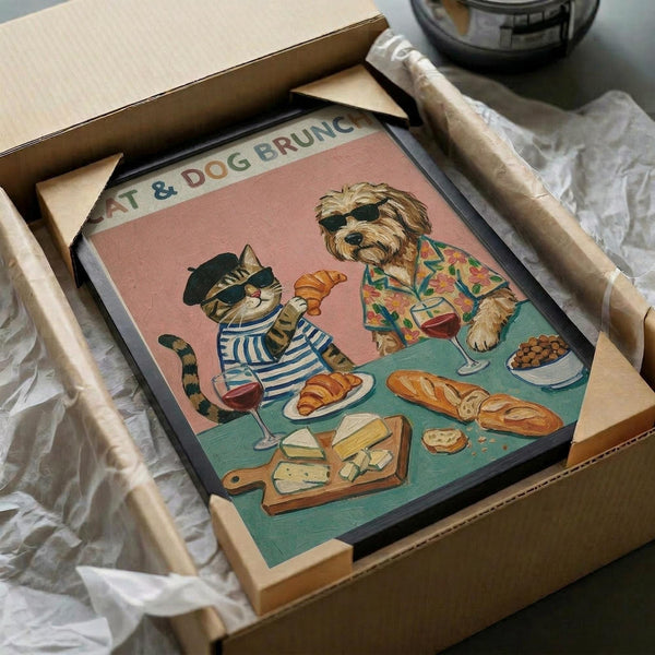 May include: Framed vintage-style poster illustration showing a tabby cat in striped shirt and beret alongside a Yorkshire terrier in tropical Hawaiian shirt, both wearing sunglasses at brunch table with croissants, wine glasses, cheese board and baguette. Artwork has coral pink background with teal table, packed in cardboard box with protective wrapping materials.