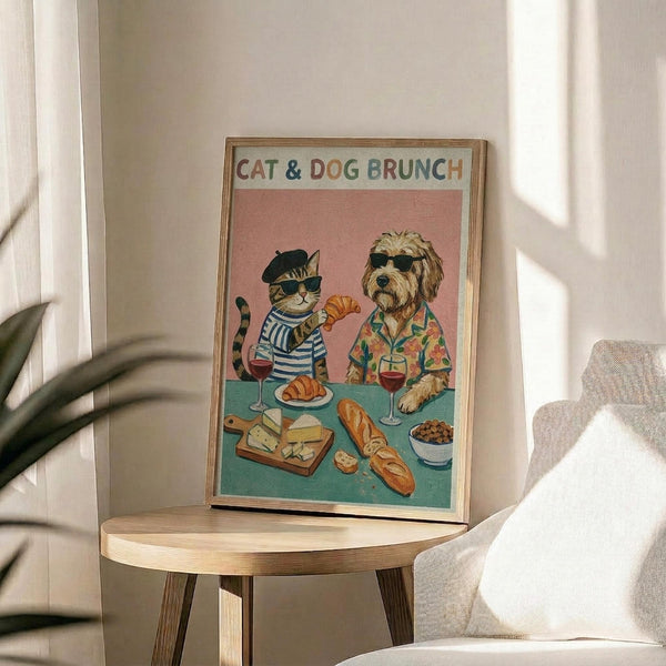 May include: Framed poster print on wooden side table next to beige upholstered chair and plant. Artwork shows anthropomorphic cat in striped shirt and beret with dog in floral shirt, both wearing sunglasses at brunch table with croissants, cheese, bread, and wine glasses. Pink and teal color scheme with natural wood frame.