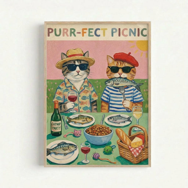 Whimsical illustration of two cats wearing sunglasses at a picnic. One cat in a straw hat and fish-print shirt holds wine, the other in a red beret and striped shirt holds fish on a fork. The green picnic blanket displays plates of fish, a bowl of cat treats, wine glasses, a basket with bread and cheese, yarn ball, and catnip toy. A bottle labeled "Catnip Party" sits nearby. Pink sky with yellow sun creates a cheerful background. Artwork is framed in light wood.