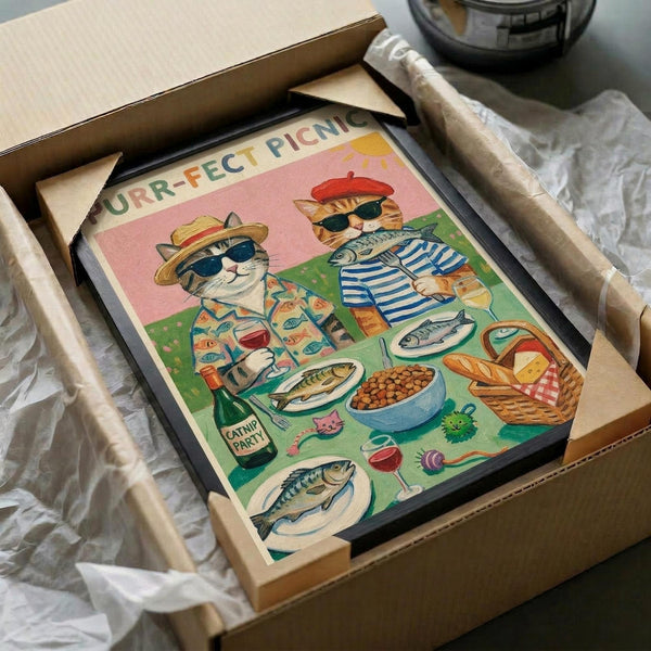 May include: Framed vintage-style illustration of two cats wearing sunglasses and hats at a picnic, surrounded by fish dishes, wine, and food. The colorful poster features "PURR-FECT PICNIC" text at top with pink sky background. Black frame sits in cardboard shipping box with white tissue paper wrapping, alongside rolled tube packaging materials.