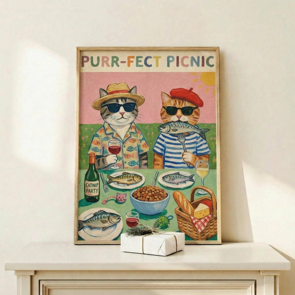 May include: Framed vintage-style poster showing two cats in sunglasses at a picnic table with fish dishes, wine, and bread basket. One cat wears a straw hat and fish-print shirt, the other a red beret and striped shirt. Pink sky background with sun, green grass setting. Light wood frame displayed on white wooden console table with small white gift box beside it against cream wall.