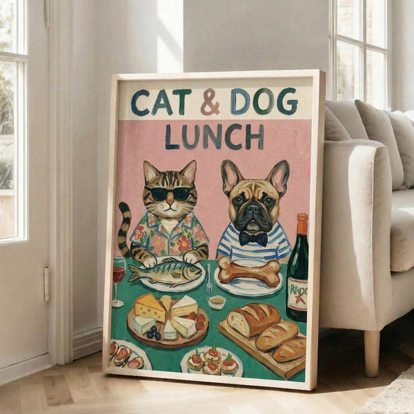 May include: Framed poster artwork leaning against white wall next to beige sofa in bright room with large windows. Print shows anthropomorphic tabby cat wearing sunglasses and floral shirt sitting at green table with French bulldog in striped shirt and bow tie. Table spread includes fish, bone, cheese platter, bread, wine bottle and various foods. Pink and cream background with teal lettering at top. Light wood frame, approximately 2-3 feet tall.