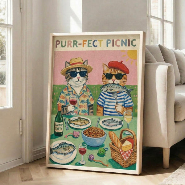 May include: Framed poster print leaning against white wall next to beige sofa in bright living room. Artwork shows two cats wearing sunglasses and hats at colorful picnic table with fish dishes, wine, bread basket, and cat toys. Features pink sky background, green grass, and "PURR-FECT PICNIC" text in rainbow letters across top. Light wooden frame, approximately 2-3 feet tall.