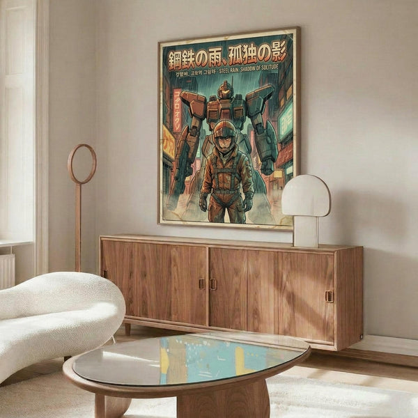 May include: Framed poster with mech robot and armored figure artwork in muted greens and browns, displayed above mid-century wooden credenza with sliding doors. Modern white curved chair and brass floor lamp visible alongside glass-top oval coffee table. Clean minimalist room with white walls and natural lighting.