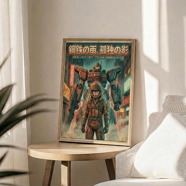 May include: A framed vintage-style sci-fi poster displayed on a wooden round side table next to a beige upholstered chair. The artwork features a person in an orange spacesuit standing before a large mech robot, with Japanese text at the top and teal-green atmospheric coloring throughout. Natural sunlight streams across the minimalist room setting with white walls and a small plant visible in the corner.