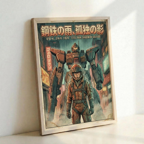 May include: Framed poster print leaning against white wall showing anime-style illustration of pilot in orange spacesuit walking through futuristic city street in rain with large mech robot behind him. Artwork features teal and orange color palette with Japanese and Korean text at top. Natural wood frame, approximately 16x20 size, displayed in clean modern interior setting.