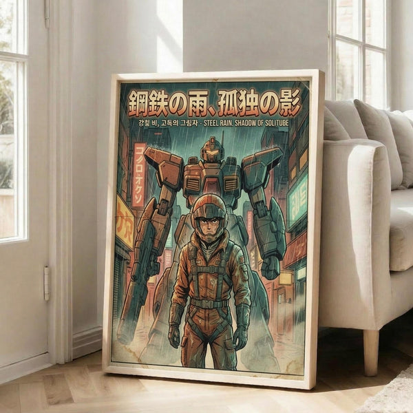 May include: Framed poster with light wood frame leaning against white wall next to beige sectional sofa. Artwork shows anime-style illustration of person in orange spacesuit and helmet standing before large mecha robot in futuristic city setting with neon signs and rain. Features Japanese and Korean text at top. Green and orange color palette with detailed lineart style reminiscent of vintage manga or anime posters.