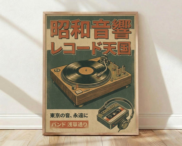 May include: Framed vintage-style poster with Japanese text and retro audio equipment illustrations on green and cream background, displayed against white wall on wooden floor. Features detailed drawings of turntable with vinyl record and cassette player with headphones in warm brown and orange tones. Natural wood frame complements the nostalgic aesthetic.