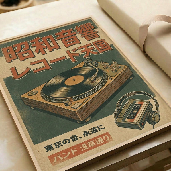 Retro-style poster featuring a vintage turntable and cassette tape with headphones in muted green, orange and cream colors. Japanese text appears at top and bottom of the design. The poster lies flat on white paper with a partial view of what appears to be a tape dispenser in the corner, photographed from above in soft natural lighting.