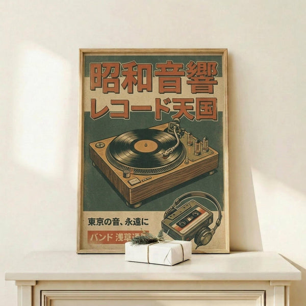 May include: Vintage-style Japanese poster with turntable and cassette player illustration in green and orange colors, displayed in wooden frame on white wooden shelf next to small wrapped gift with evergreen sprig. Retro advertisement design features bold Japanese text and audio equipment drawings in weathered, distressed style against muted background.