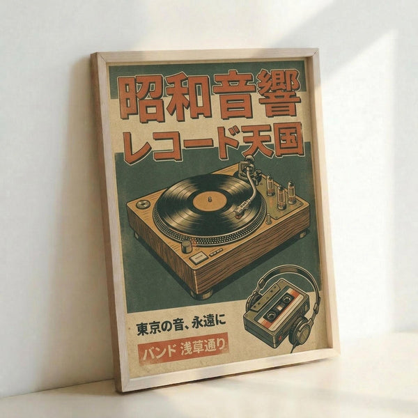 May include: Vintage-style Japanese poster artwork displayed in wooden frame, featuring retro turntable and cassette player illustrations in muted green, orange and cream tones. The poster shows Japanese text at top, detailed turntable with vinyl record, small portable cassette player, and additional Japanese characters at bottom. Frame leans against white wall in minimalist setting with soft natural lighting.