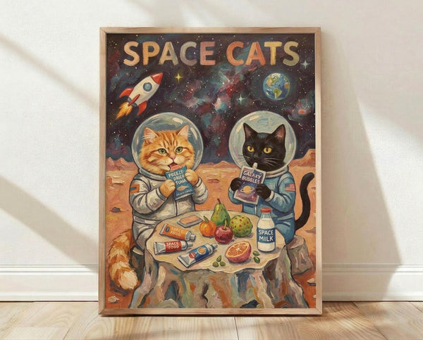 May include: Framed vintage-style poster showing two cats in astronaut suits sitting at a table on a reddish planet surface. The orange tabby cat holds a pouch while the black cat holds a container. Various space food items, fruits, and a milk carton are scattered on the table. The dark starry background features a rocket ship, Earth, and nebula clouds. The wooden frame sits on light wood flooring against a white wall with natural lighting casting shadows.