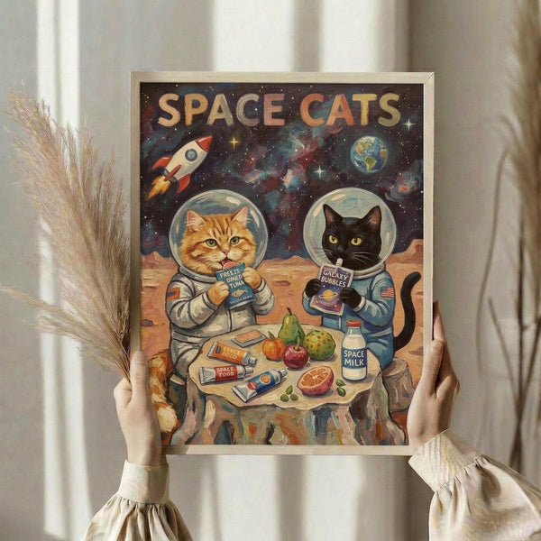 May include: Person holding framed poster showing two cats in space suits sharing a meal on an alien planet. Orange tabby and black cat wear astronaut helmets, sitting at table with space food and milk carton. Colorful cosmic background features rocket ship, Earth, and starry galaxy. Warm beige curtains and dried pampas grass visible in styled room setting.