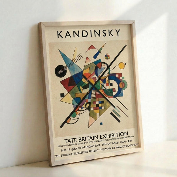 May include: Framed exhibition poster featuring Kandinsky's abstract geometric artwork with colorful triangles, circles, and angular lines on cream background. Wood frame displays against white wall, showing Tate Britain exhibition details at bottom. Poster shows vibrant blues, reds, yellows, and greens in dynamic modernist composition with intersecting black lines and varied geometric shapes.