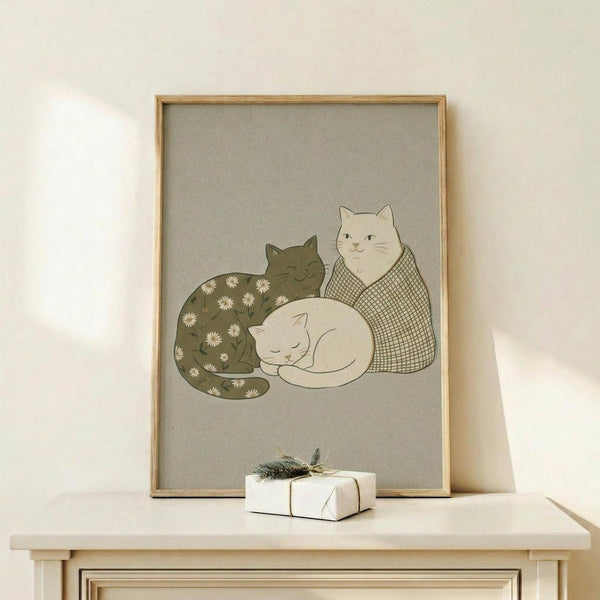 May include: Framed illustration of three cats cuddled together on gray background - one dark green cat with white daisy pattern, one white cat with crosshatch texture, and one small white sleeping cat in center. Displayed on light wood shelf beside small wrapped gift with twine and greenery sprig against cream wall.