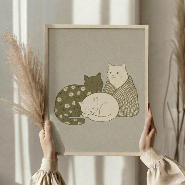 May include: Person holding framed artwork featuring three cats in muted earth tones - one green cat with white daisy pattern sleeping, one cream cat with crosshatch pattern sitting upright, and one white cat curled up sleeping. Light wood frame against beige background with dried pampas grass visible on left side. Soft natural lighting creates gentle shadows.