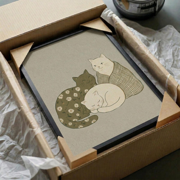 May include: Framed artwork in black frame being unpacked from cardboard shipping box with protective wrapping. The illustration shows three cats in muted earth tones - one green cat with white daisy pattern, one cream cat with crosshatch texture, and one white sleeping cat, all nestled together on beige background. Natural lighting shows wooden frame pieces and packing materials around the unboxed print.
