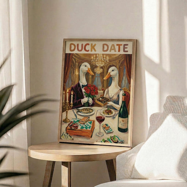 May include: Framed poster print propped on round wooden side table next to beige upholstered chair and plant. Artwork shows two white ducks in formal attire dining at elegant table with chandelier, red roses, wine, and gourmet food. Title reads "DUCK DATE" in brown letters. Warm natural lighting creates soft shadows on white wall.