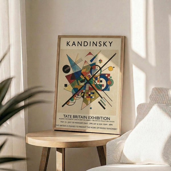 May include: Framed Kandinsky abstract art poster with geometric shapes, lines, and vibrant colors in red, blue, yellow, and green, displayed on a round wooden stool next to a beige upholstered chair. Natural sunlight streams across the white wall, with a potted plant visible in the corner. The poster features exhibition text at the bottom and is presented in a thin wooden frame.