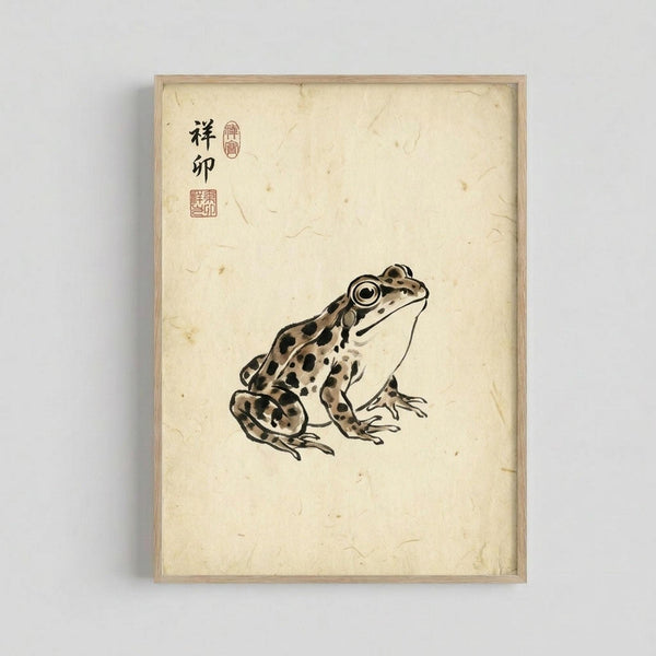 A framed vintage-style illustration of a spotted frog on aged cream paper, displayed against a white wall. The frog features brown and black spotted markings with a pale belly, rendered in traditional Japanese artistic style. Two red seal stamps and black Japanese characters appear in the upper left corner. The artwork is presented in a simple light wood frame and shows natural aging with subtle stains and wear marks on the paper background.