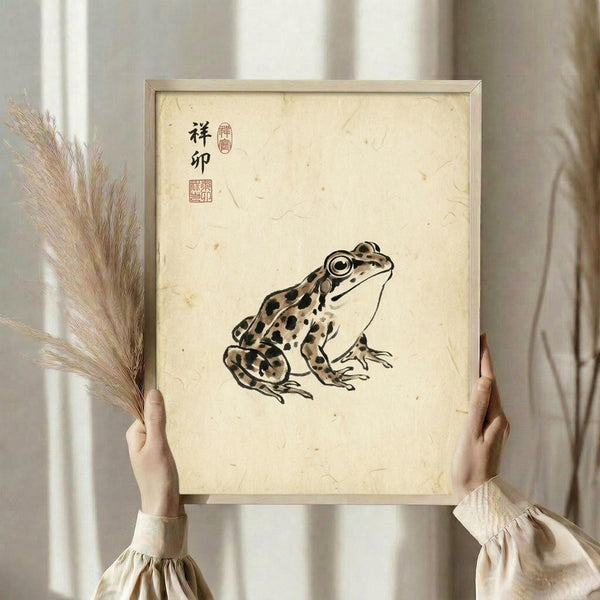 May include: Person in beige ruffled sleeves holding framed artwork and dried wheat stalks against white curtained window. The vintage-style print features a spotted brown and tan frog with large eyes on aged cream paper, accompanied by Chinese characters and red seal stamps in traditional calligraphy style.