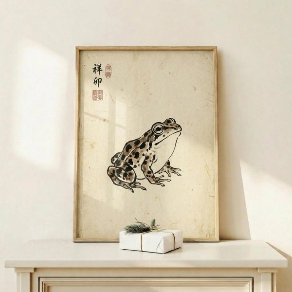 May include: Framed vintage-style artwork featuring a spotted brown and black frog with Japanese text and red stamps, displayed on a light wooden shelf alongside a small white wrapped gift with evergreen sprig. The beige textured paper artwork is housed in a natural wood frame against a cream wall, creating a minimalist aesthetic.